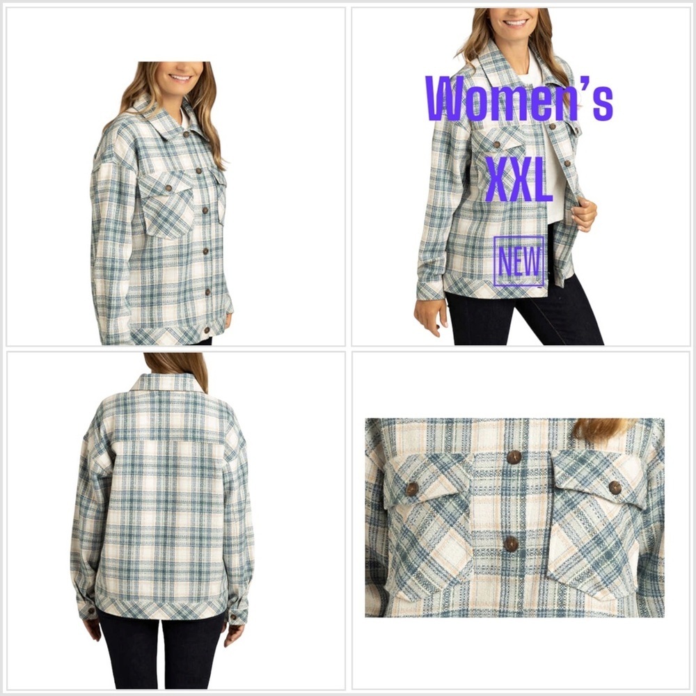 Women's Boston Traders XXL 20 - 22 Button Shirt Jacket Shacket Plaid Teal Blue